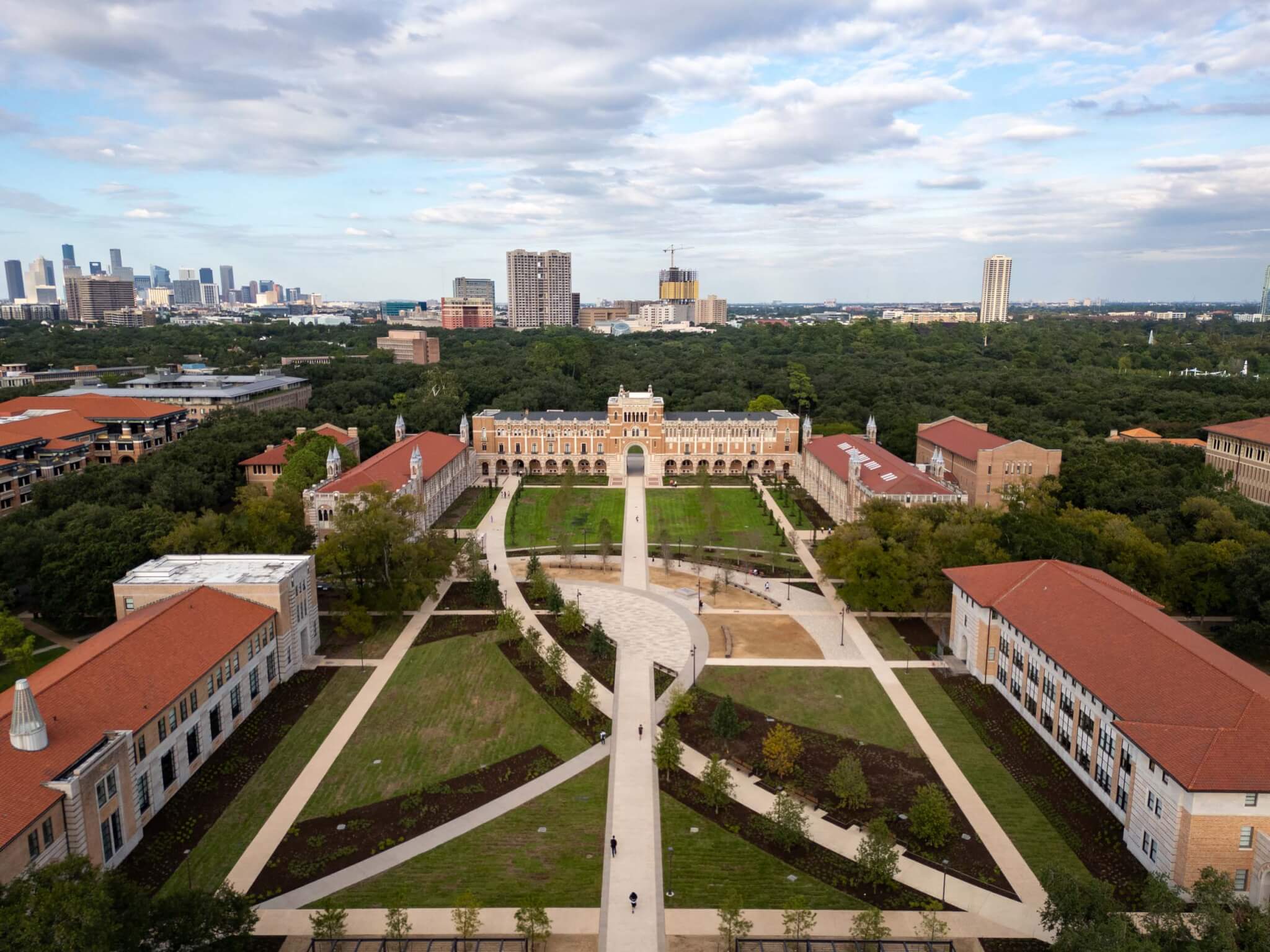 aerial view of redesigned Rice University Quad by Nelson Byrd Woltz