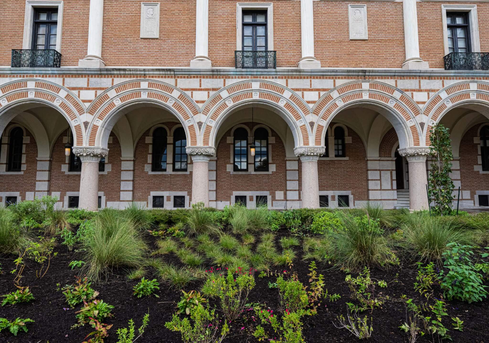 Colonnade of the Lovett Hall building across from the Quad