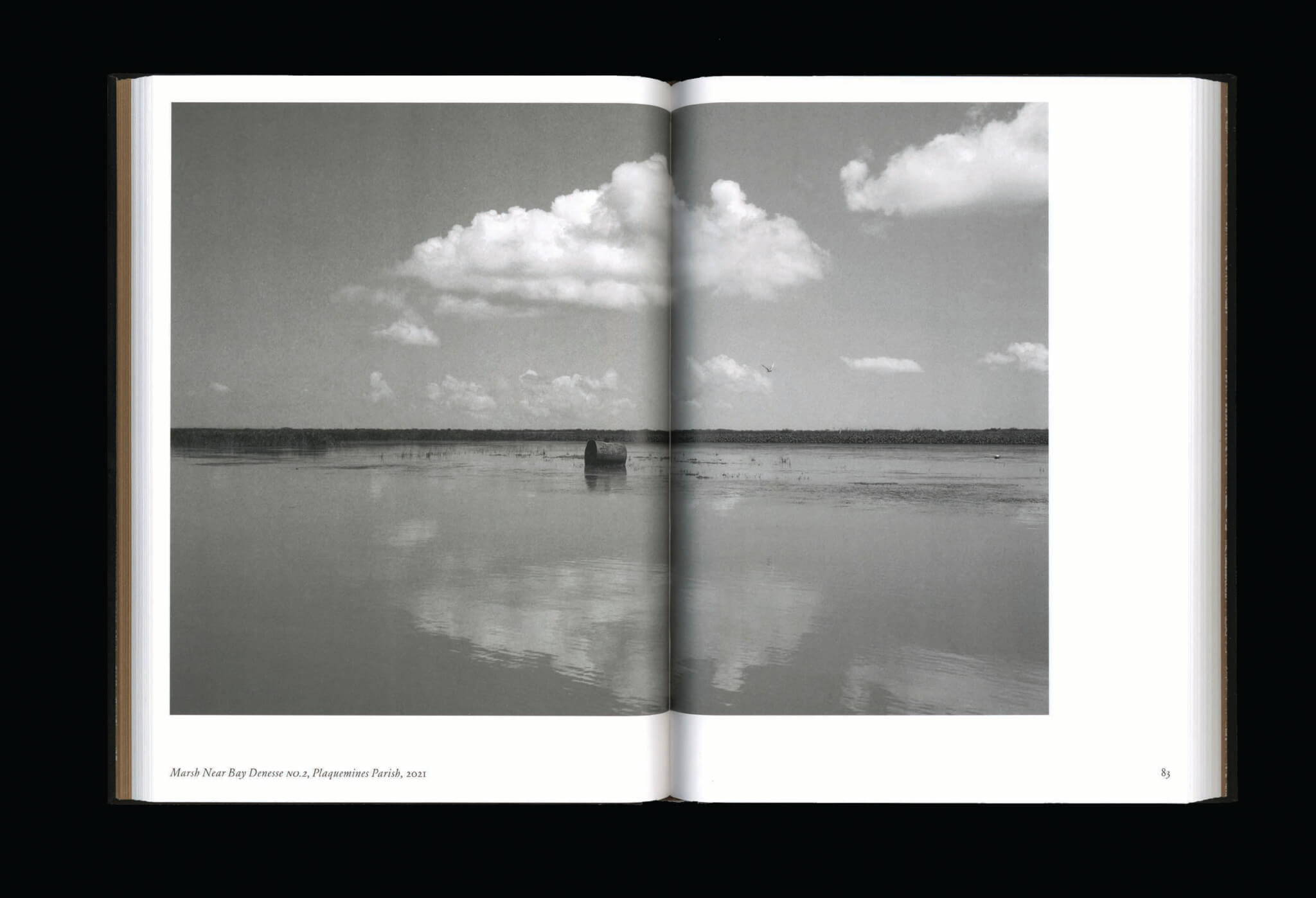 a black and white photo of water across a two-page spread