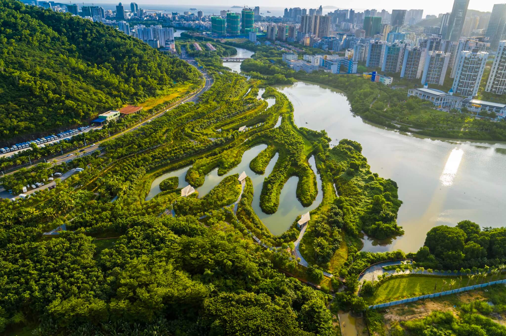 swaths of green lands and islands on the waterway